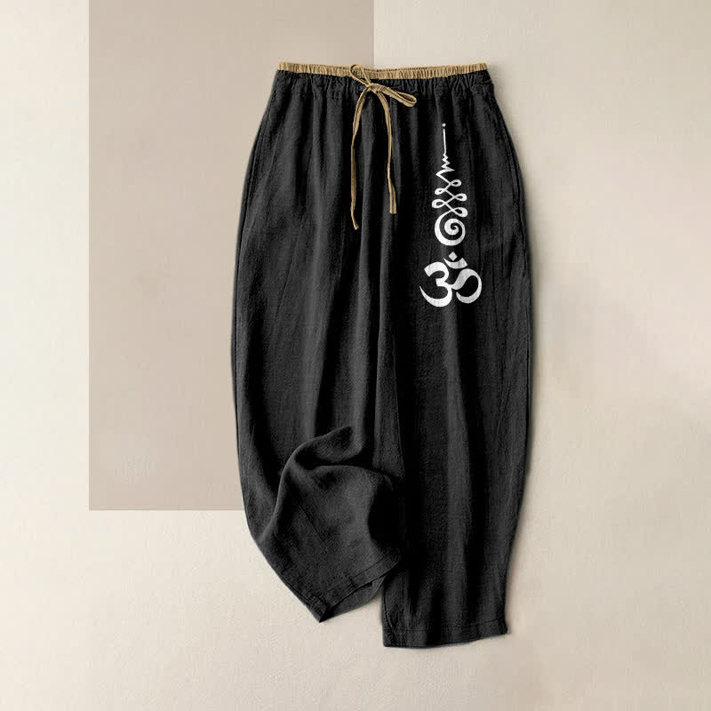 Buddha Stones Pure Cotton Om Symbol Pattern Women's Elastic Waist Pants With Pockets - Black - US16,UK/AU20,EU48 (3XL) - image 0