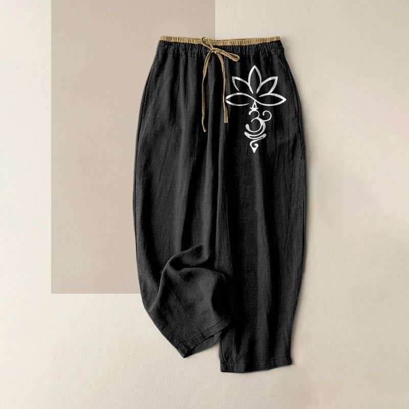 Buddha Stones Pure Cotton Lotus Om Pattern Women's Elastic Waist Pants With Pockets - Black - US16,UK/AU20,EU48 (3XL) - image 0