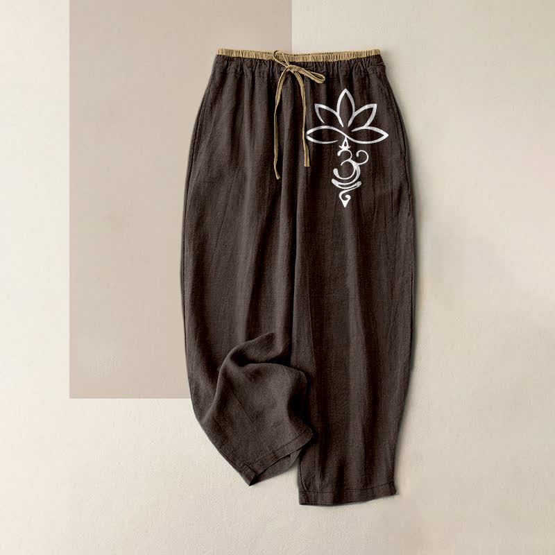 Buddha Stones Pure Cotton Lotus Om Pattern Women's Elastic Waist Pants With Pockets - SaddleBrown - US16,UK/AU20,EU48 (3XL) - image 8