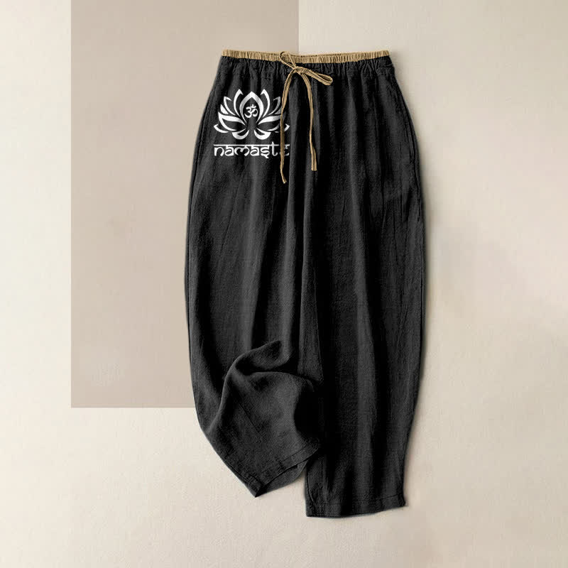 Buddha Stones Pure Cotton Namaste Lotus Pattern Women's Elastic Waist Pants With Pockets - Black - US16,UK/AU20,EU48 (3XL) - image 0