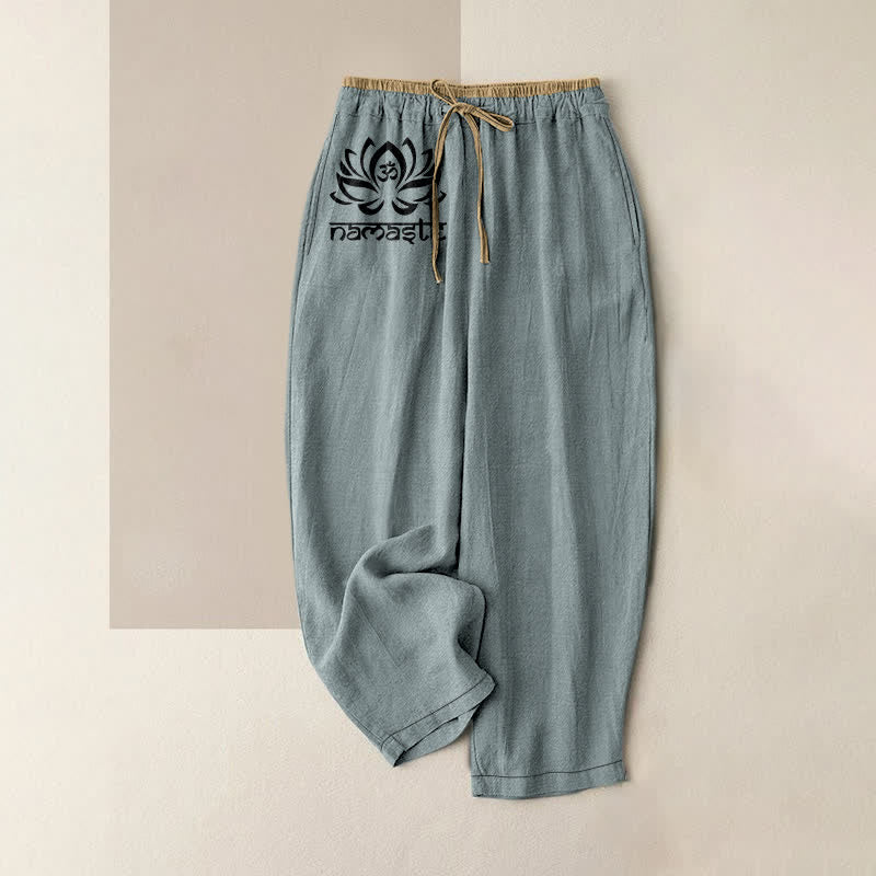 Buddha Stones Pure Cotton Namaste Lotus Pattern Women's Elastic Waist Pants With Pockets - CadetBlue - US16,UK/AU20,EU48 (3XL) - image 8