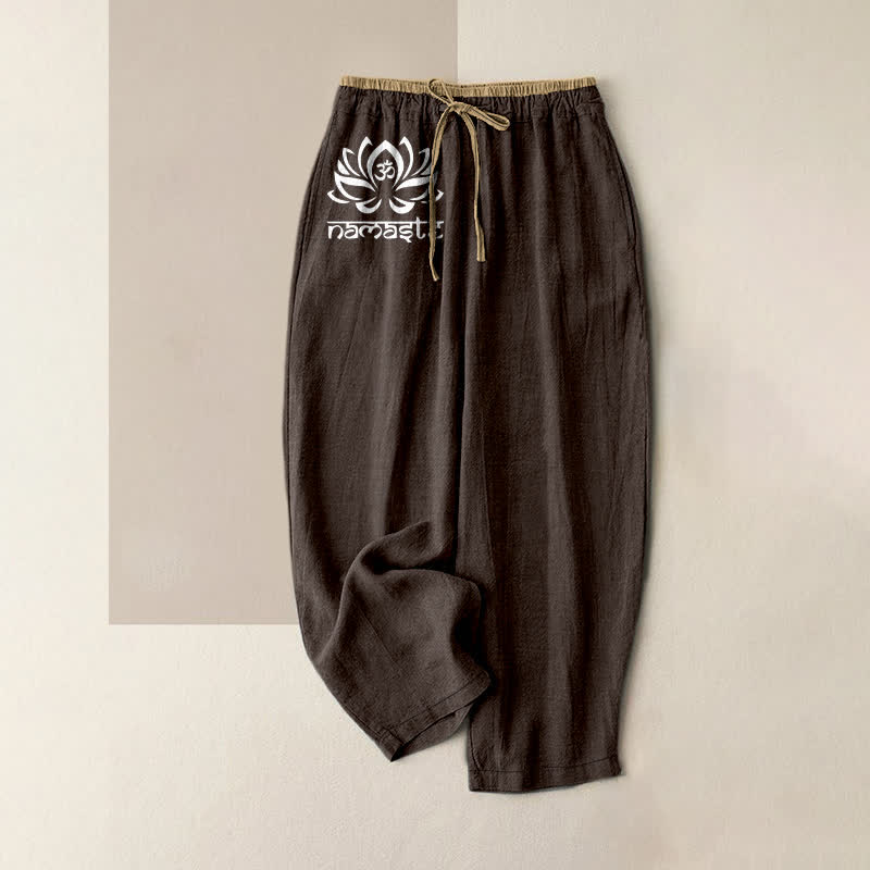 Buddha Stones Pure Cotton Namaste Lotus Pattern Women's Elastic Waist Pants With Pockets - SaddleBrown - US16,UK/AU20,EU48 (3XL) - image 4