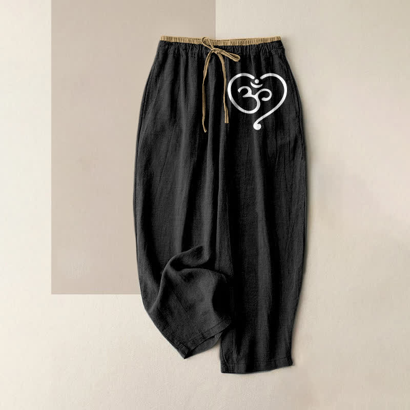 Buddha Stones Pure Cotton Zen Om Heart Pattern Women's Elastic Waist Pants With Pockets - Black - US16,UK/AU20,EU48 (3XL) - image 0