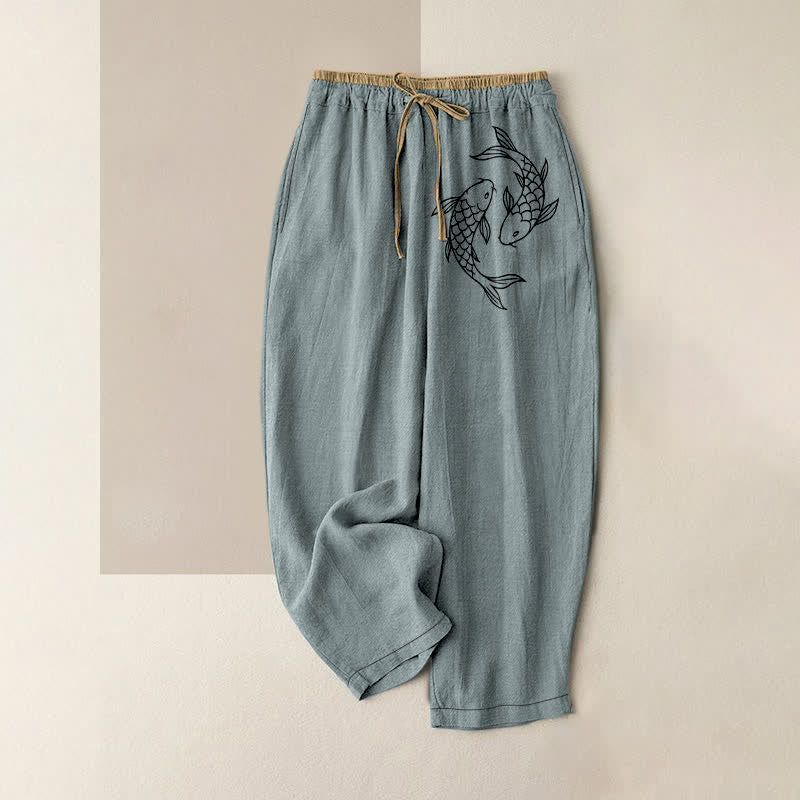 Buddha Stones Pure Cotton Zen Koi Fish Pattern Women's Elastic Waist Pants With Pockets - CadetBlue - US16,UK/AU20,EU48 (3XL) - image 0