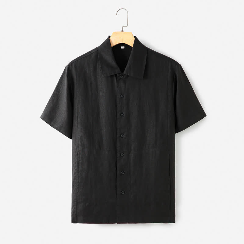 Buddha Stones Summer Minimalist Button-Up Solid Cotton Linen Men's Short Sleeve Shirts With Pocket - Black - US/UK/AU40,EU50 (2XL) - image 0