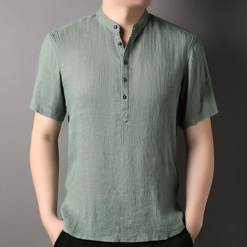 Buddha Stones Summer Casual Tang Style Mandarin Collar Solid Linen Men's Short Sleeve Shirts - DarkSeaGreen - US/UK/AU44,EU54 (4XL) - image 16