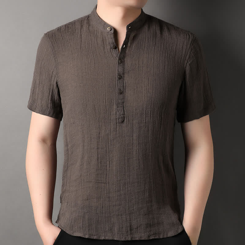 Buddha Stones Summer Casual Tang Style Mandarin Collar Solid Linen Men's Short Sleeve Shirts - SaddleBrown - US/UK/AU44,EU54 (4XL) - image 12