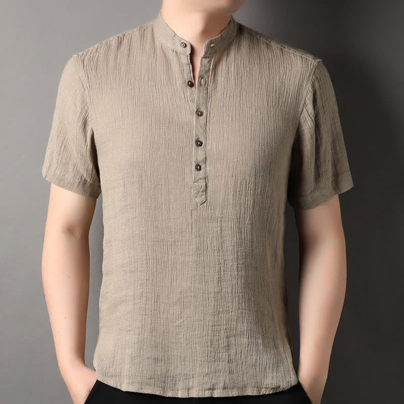Buddha Stones Summer Casual Tang Style Mandarin Collar Solid Linen Men's Short Sleeve Shirts - Tan - US/UK/AU44,EU54 (4XL) - image 0