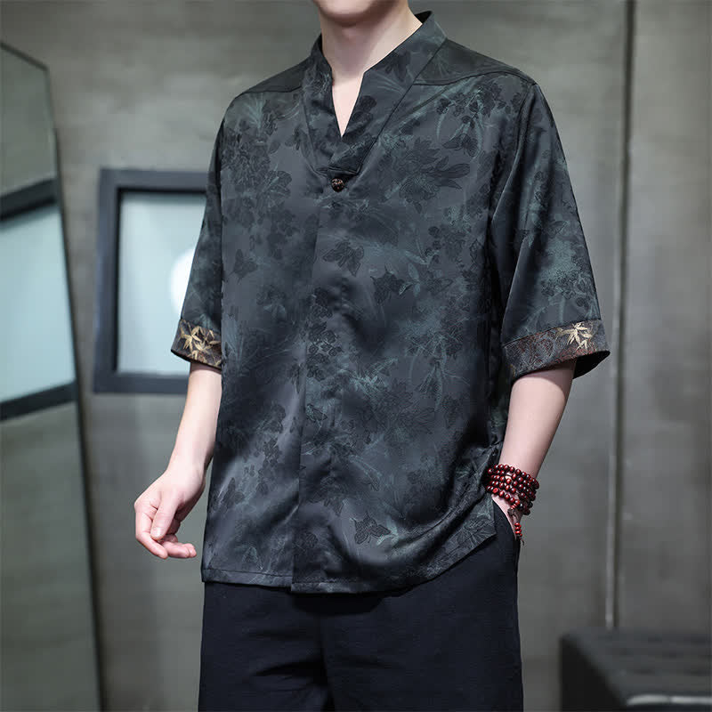 Buddha Stones Spring Summer Tang Style Casual Mandarin Collar Bamboo Butterfly Men's Short Sleeve Shirts - DarkSeaGreen - US/UK/AU46,EU56 (5XL) - image 13