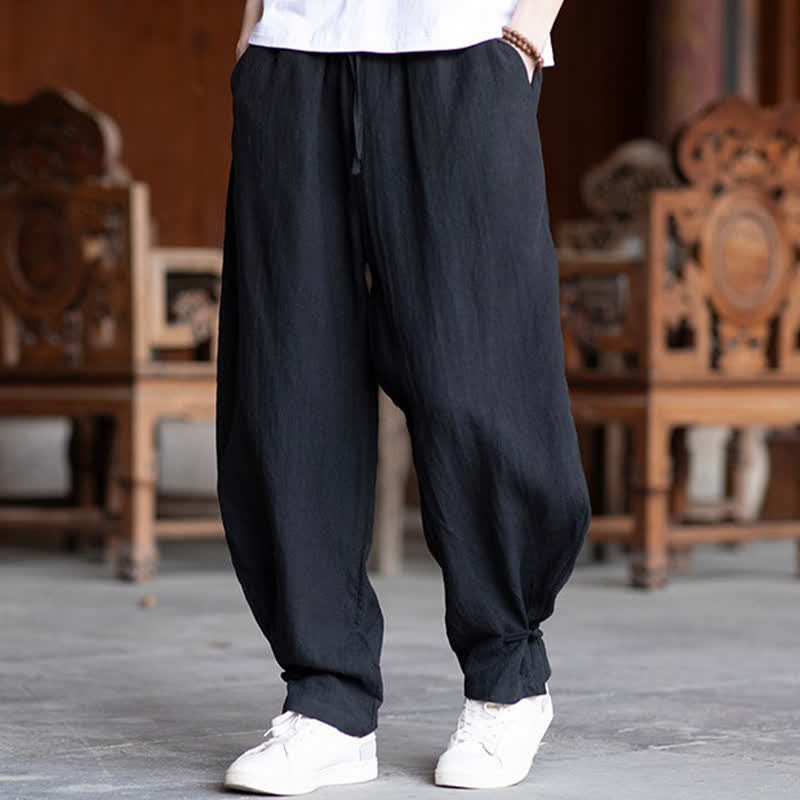 Buddha Stones Summer Casual Vintage Drawstring Elastic Waist Solid Ankle Pants Men's Tapered Pants - Black - US/UK/AU46,EU56 (5XL) - image 11