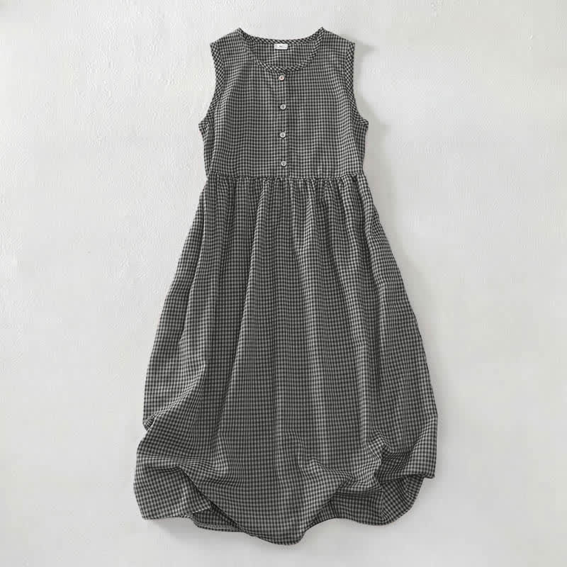 Buddha Stones Summer Vintage Button-Up Plaid Crew Neck Cotton Women's Summer Sleeveless Dress With Pocket - Black - US16,UK/AU20,EU48 (3XL) - image 8