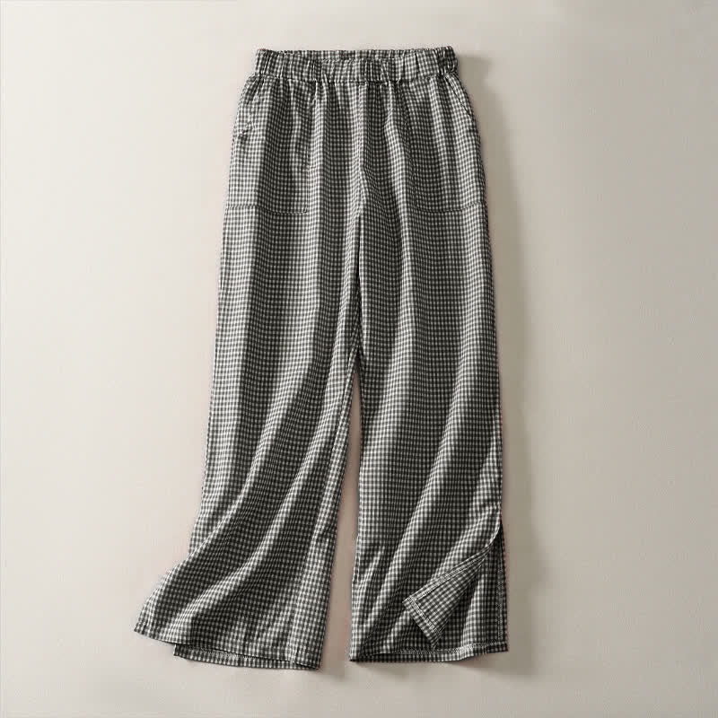 Buddha Stones Spring Summer Casual Vintage Drawstring Plaid Cotton Cropped Pants Women's Straight Leg Pants With Pockets - Black - US14,UK/AU18,EU46 (3XL) - image 7