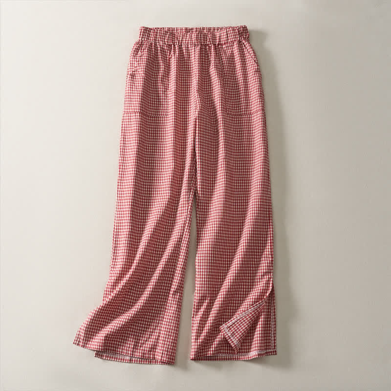 Buddha Stones Spring Summer Casual Vintage Drawstring Plaid Cotton Cropped Pants Women's Straight Leg Pants With Pockets - Red - US14,UK/AU18,EU46 (3XL) - image 0