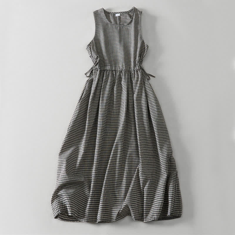 Buddha Stones Summer Vintage Drawstring Plaid Cotton Women's Summer Sleeveless Dress With Pockets - Black - US16,UK/AU20,EU48 (3XL) - image 0