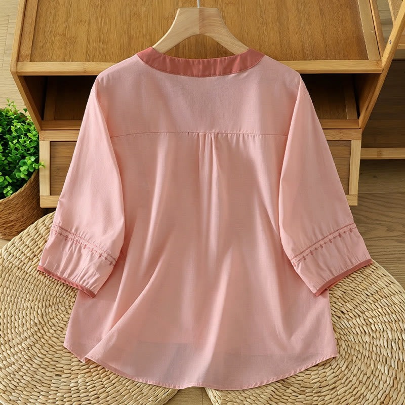 Buddha Stones Summer Casual Vintage Button-up Solid Decorative Seam Women's Short Sleeve Shirts - image 1
