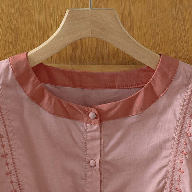 Buddha Stones Summer Casual Vintage Button-up Solid Decorative Seam Women's Short Sleeve Shirts - image 2