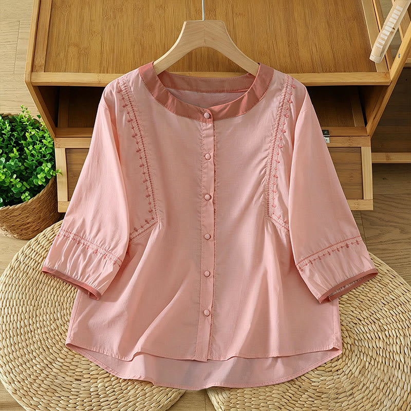 Buddha Stones Summer Casual Vintage Button-up Solid Decorative Seam Women's Short Sleeve Shirts - LightPink - US8-10, UK/AU12-14, EU40-42 (2XL) - image 0