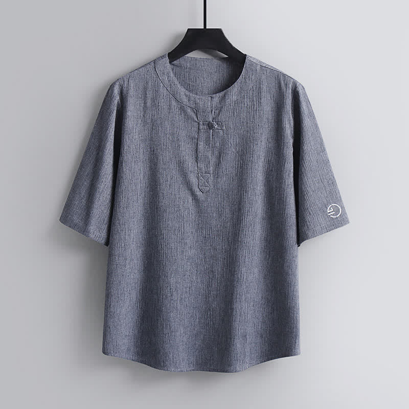 Buddha Stones Summer Tang Style Casual Pankou Crew Neck Solid Men's Short Sleeve Shirts - LightGrey - US/UK/AU54,EU64 (9XL) - image 10