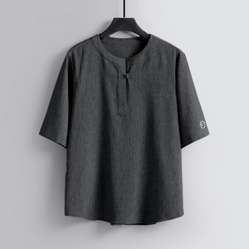 Buddha Stones Summer Tang Style Casual Pankou Crew Neck Solid Men's Short Sleeve Shirts - LightSlateGray - US/UK/AU54,EU64 (9XL) - image 8