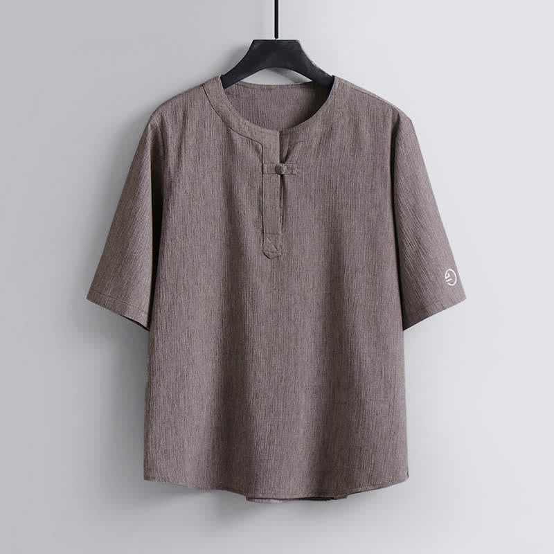 Buddha Stones Summer Tang Style Casual Pankou Crew Neck Solid Men's Short Sleeve Shirts - Tan - US/UK/AU54,EU64 (9XL) - image 0