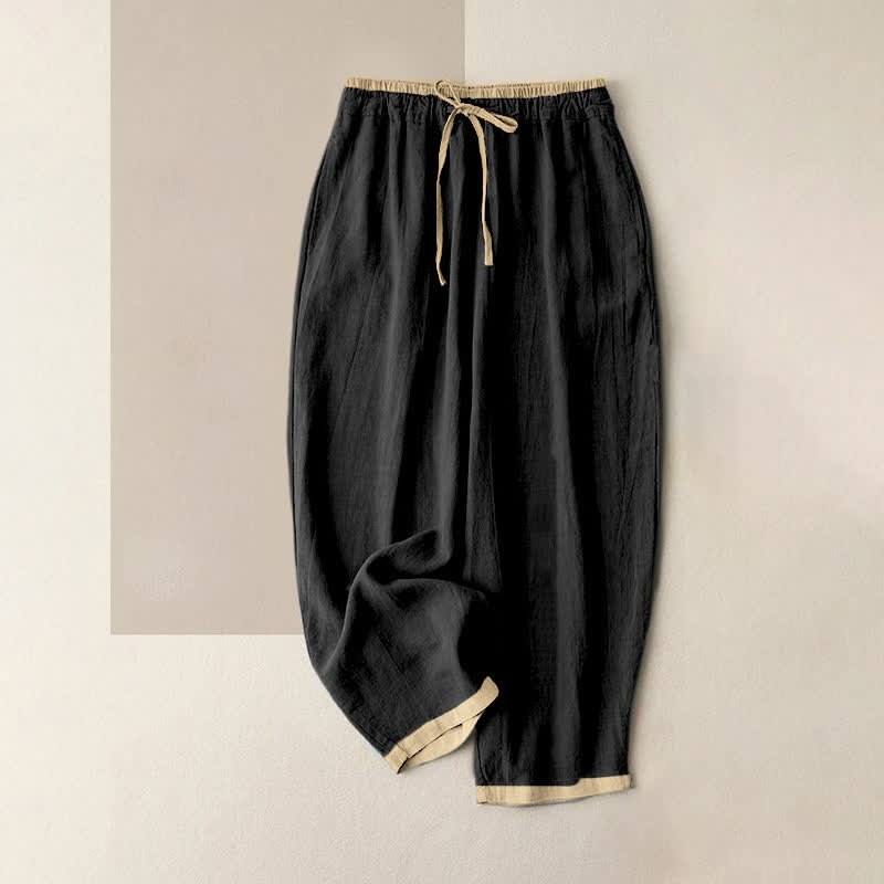 Buddha Stones Minimal Contrast Trim Pattern Cotton Linen Women's Elastic Waist Pants With Pockets - Black - US16,UK/AU20,EU48 (3XL) - image 6