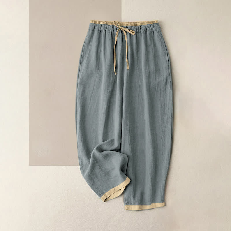 Buddha Stones Minimal Contrast Trim Pattern Cotton Linen Women's Elastic Waist Pants With Pockets - LightSteelBlue - US16,UK/AU20,EU48 (3XL) - image 0