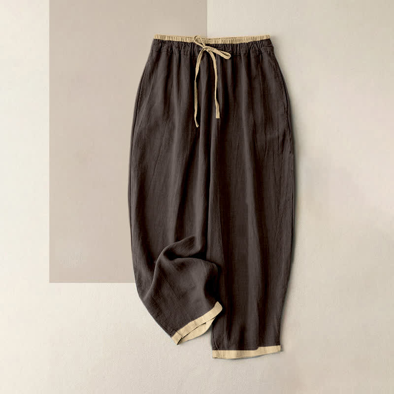 Buddha Stones Minimal Contrast Trim Pattern Cotton Linen Women's Elastic Waist Pants With Pockets - Sienna - US16,UK/AU20,EU48 (3XL) - image 12