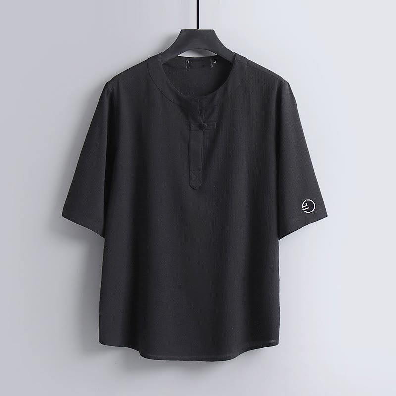 Buddha Stones Summer Tang Style Casual Pankou Crew Neck Solid Men's Short Sleeve Shirts - Black - US/UK/AU54,EU64 (9XL) - image 11