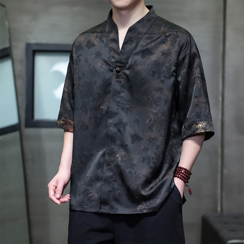Buddha Stones Spring Summer Tang Style Casual Mandarin Collar Bamboo Butterfly Men's Short Sleeve Shirts - Sienna - US/UK/AU46,EU56 (5XL) - image 0