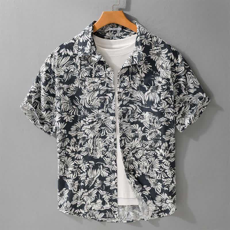 Buddha Stones Summer Casual Button-Up Sunflower Floral Men's Short Sleeve Shirts With Patch Pocket - SteelBlue - US/UK/AU44,EU54 (3XL) - image 0