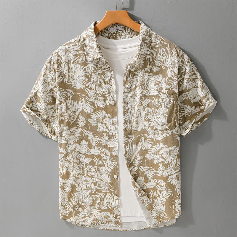 Buddha Stones Summer Casual Button-Up Sunflower Floral Men's Short Sleeve Shirts With Patch Pocket - DarkKhaki - US/UK/AU44,EU54 (3XL) - image 6