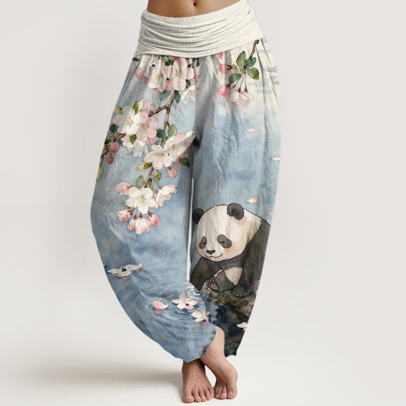 Buddha Stones Pure Cotton Cherry Blossom Panda Pattern Women's Elastic Waist Harem Pants - LightSteelBlue - US16,UK/AU20,EU48 (3XL) - image 0