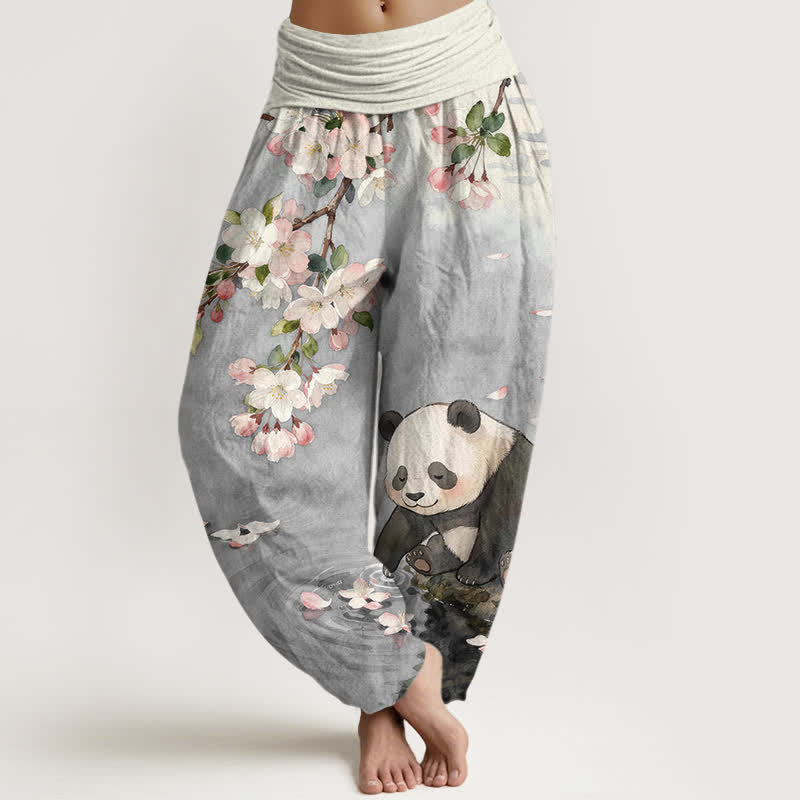 Buddha Stones Pure Cotton Cherry Blossom Panda Pattern Women's Elastic Waist Harem Pants - LightGray - US16,UK/AU20,EU48 (3XL) - image 5