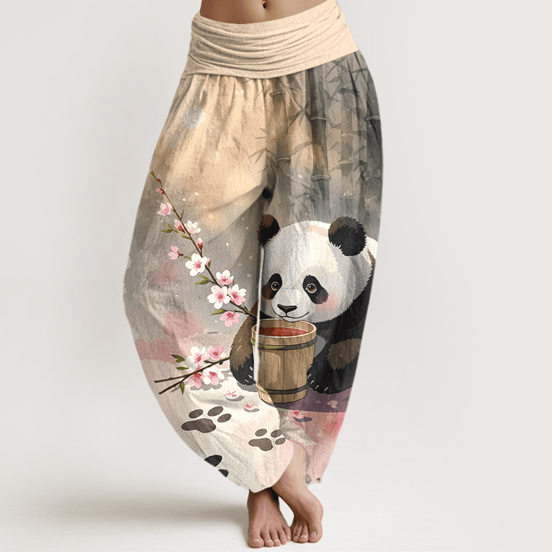 Buddha Stones Pure Cotton Panda Bamboo Blossom Pattern Women's Elastic Waist Harem Pants - Wheat - US16,UK/AU20,EU48 (3XL) - image 0