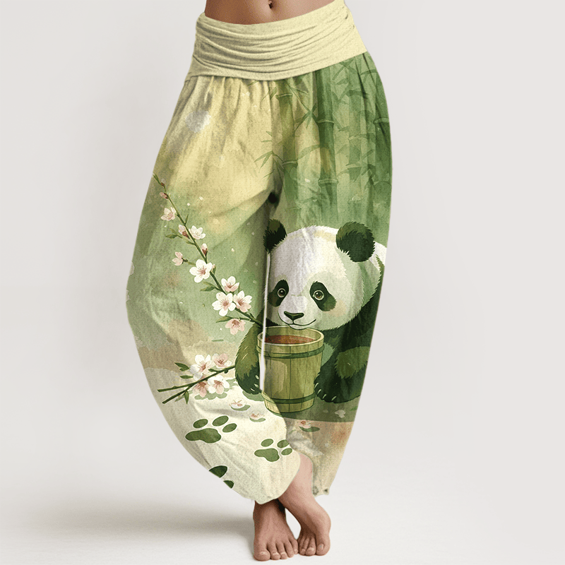 Buddha Stones Pure Cotton Panda Bamboo Blossom Pattern Women's Elastic Waist Harem Pants - YellowGreen - US16,UK/AU20,EU48 (3XL) - image 5