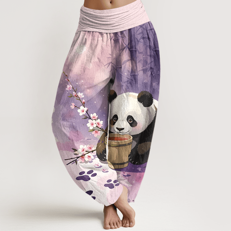 Buddha Stones Pure Cotton Panda Bamboo Blossom Pattern Women's Elastic Waist Harem Pants - Plum - US16,UK/AU20,EU48 (3XL) - image 8