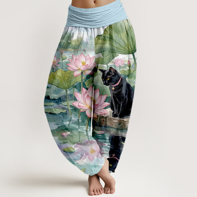 Buddha Stones Pure Cotton Lotus Black Cat Pattern Women's Elastic Waist Harem Pants - LightBlue - US16,UK/AU20,EU48 (3XL) - image 0
