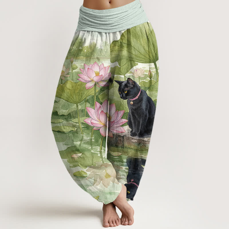 Buddha Stones Pure Cotton Lotus Black Cat Pattern Women's Elastic Waist Harem Pants - YellowGreen - US16,UK/AU20,EU48 (3XL) - image 5