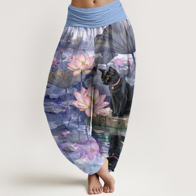 Buddha Stones Pure Cotton Lotus Black Cat Pattern Women's Elastic Waist Harem Pants - MediumPurple - US16,UK/AU20,EU48 (3XL) - image 8