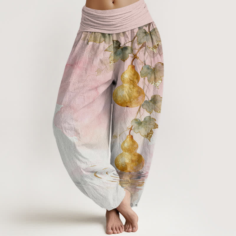 Buddha Stones Cotton Golden Gourd Leaf Pattern Women's Elastic Waist Harem Pants - Pink - US16,UK/AU20,EU48 (3XL) - image 0