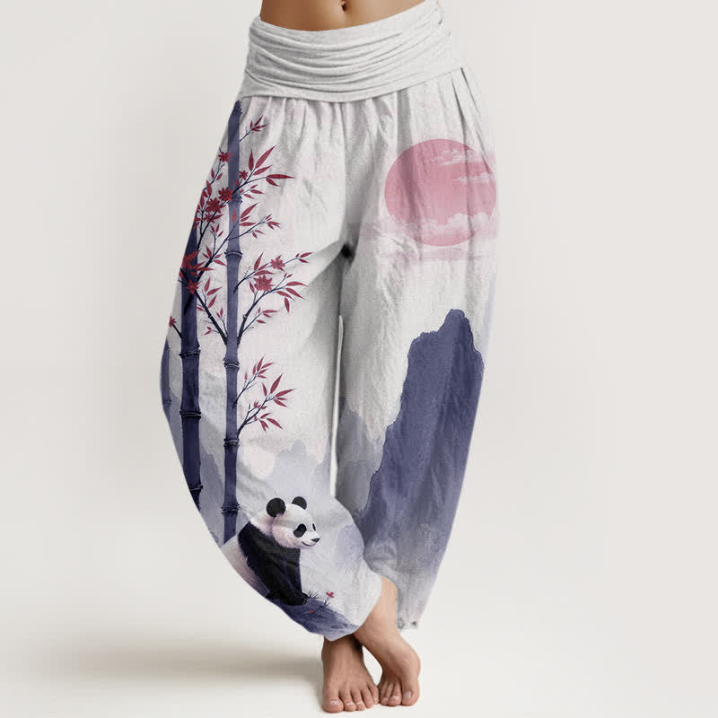 Buddha Stones Cotton Ink Bamboo Panda Pattern Women's Elastic Waist Harem Pants - White - US16,UK/AU20,EU48 (3XL) - image 8