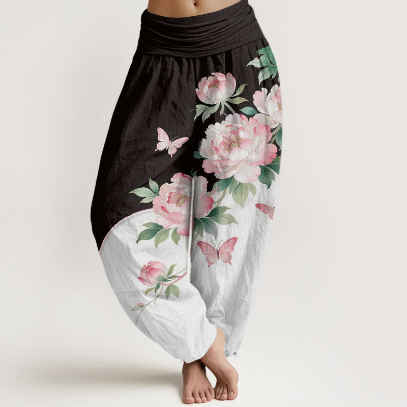Buddha Stones Pure Cotton Floral Butterfly Pattern Women's Elastic Waist Harem Pants - Black - US16,UK/AU20,EU48 (3XL) - image 0