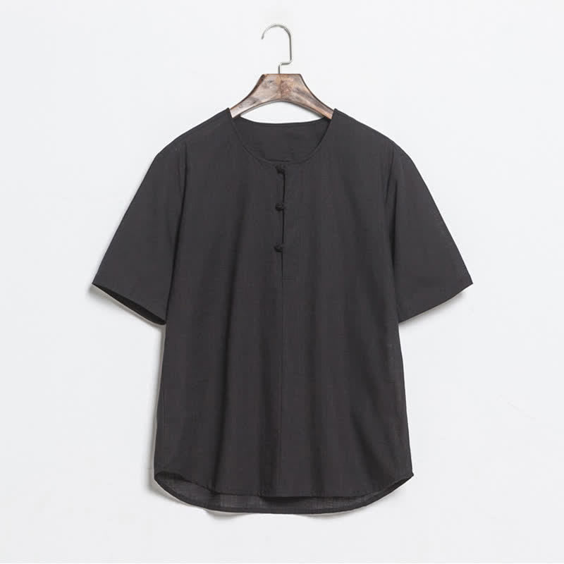 Buddha Stones Summer Casual Tang Style Frog Button Solid Men's Short Sleeve Shirts - Black - US/UK/AU46,EU56 (5XL) - image 7