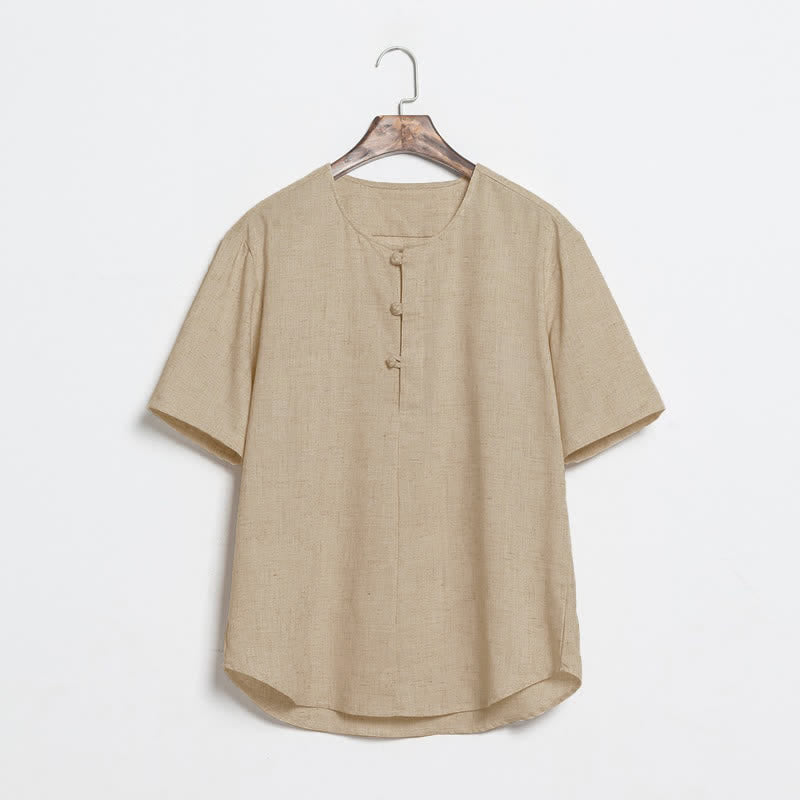 Buddha Stones Summer Casual Tang Style Frog Button Solid Men's Short Sleeve Shirts - Tan - US/UK/AU46,EU56 (5XL) - image 0
