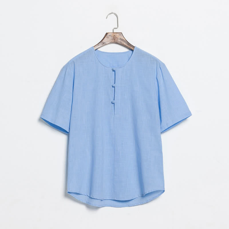 Buddha Stones Summer Casual Tang Style Frog Button Solid Men's Short Sleeve Shirts - LightBlue - US/UK/AU46,EU56 (5XL) - image 9