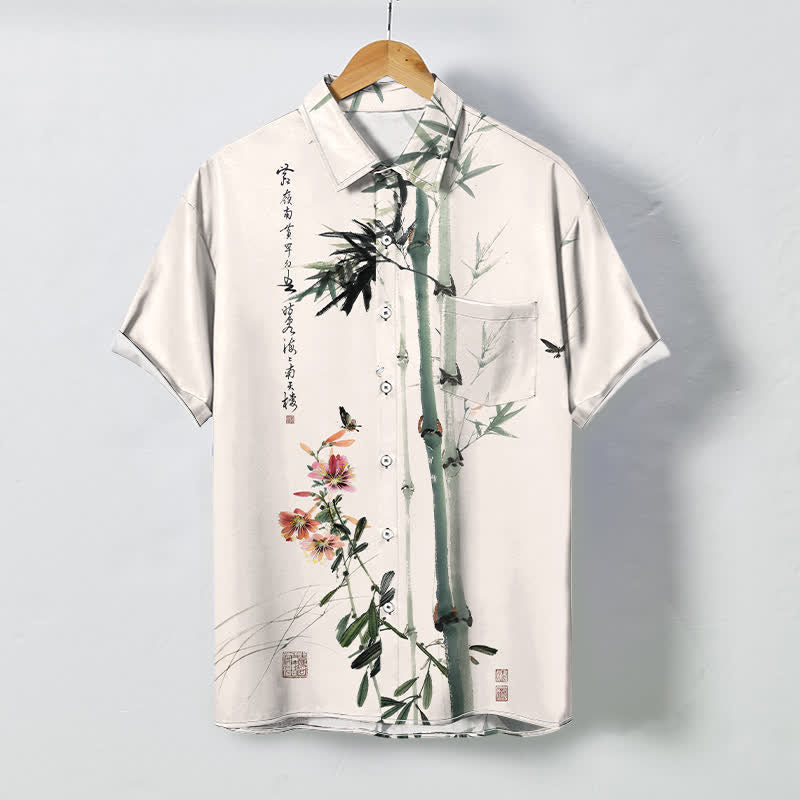 Buddha Stones Ink Bamboo Blossom Bird Calligraphy Pattern Buttons Breathable Men's Short Sleeve Shirt - Linen - US/UK/AU48,EU58 (4XL) - image 0
