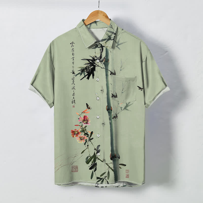 Buddha Stones Ink Bamboo Blossom Bird Calligraphy Pattern Buttons Breathable Men's Short Sleeve Shirt - DarkSeaGreen - US/UK/AU48,EU58 (4XL) - image 3