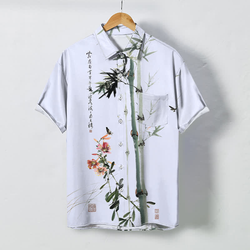 Buddha Stones Ink Bamboo Blossom Bird Calligraphy Pattern Buttons Breathable Men's Short Sleeve Shirt - LightSkyBlue - US/UK/AU48,EU58 (4XL) - image 5