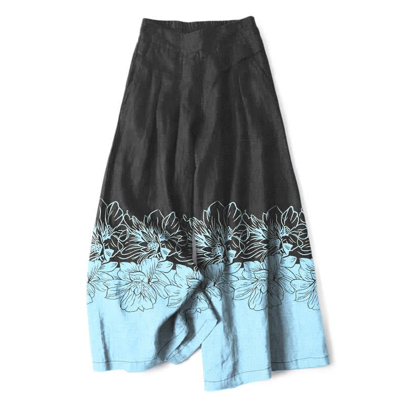 Buddha Stones Cotton Linen Vintage Floral Pattern Women's Elastic Waist Wide Leg Pants With Pockets - Black - US16,UK/AU20,EU48 (3XL) - image 0