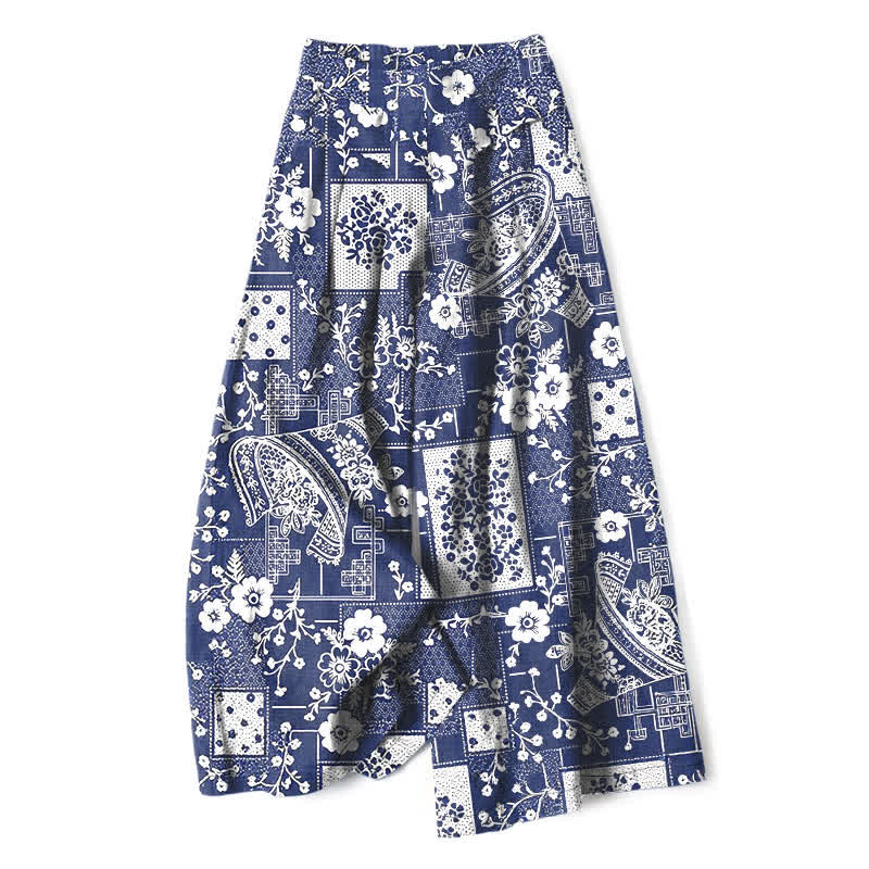 Buddha Stones Cotton Linen Vintage Floral Geometric Patchwork Pattern Women's Elastic Waist Wide Leg Pants With Pockets - Navy - US16,UK/AU20,EU48 (3XL) - image 0